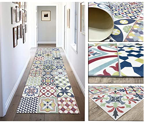 Alfombra vinílica hidráulica de baldosas Multicolor para Cocina, Pasillo, Aseo, dormitorios con revés PVC Antideslizante.