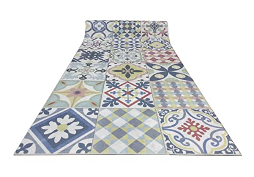 Alfombra vinílica hidráulica de baldosas Multicolor para Cocina, Pasillo, Aseo, dormitorios con revés PVC Antideslizante.