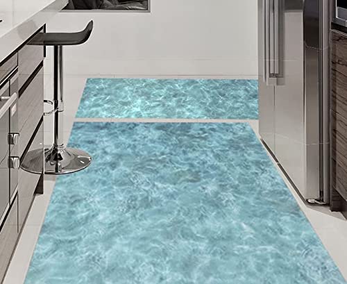 Alfombra vinílica PVC de diseño Digital Orilla de mar para; salón, Cocina, Sala de Estar, entradas, baño o dormitorios con revés PVC Antideslizante y facíl Lavada de Colores Azules Turquesa