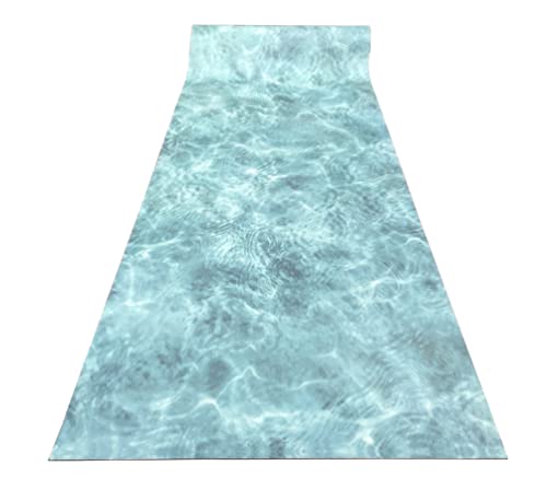 Alfombra vinílica PVC de diseño Digital Orilla de mar para; salón, Cocina, Sala de Estar, entradas, baño o dormitorios con revés PVC Antideslizante y facíl Lavada de Colores Azules Turquesa