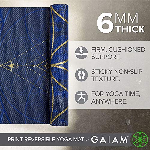 Alfombrilla de yoga Gaiam con impresión premium, reversible, extra gruesa, antideslizante, para ejercicios de yoga, pilates y ejercicios de piso, metal, sol y luna, 6 mm