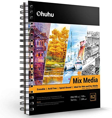 Almohadilla para medios mixtos, Ohuhu 254mm×193mm Cuaderno de bocetos de técnica mixta, papeles pesados 62 hojas / 124 páginas, bloc de papel encuadernado en espiral para pintura