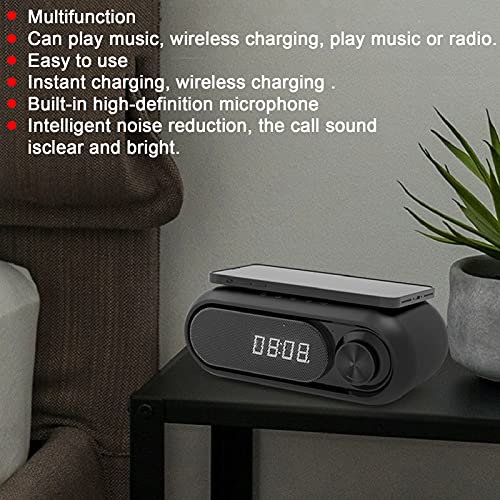 Altavoces Bluetooth, Altavoz FM con Reloj Despertador, Altavoz de Graves con Cargador Inalámbrico, Pequeños Altavoz de Cabecera Y Radios FM para el Hogar, Micrófono de Alta Definición Integrado