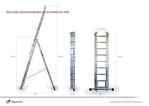 ALTIPESA Escalera Profesional de Aluminio Triple Tijera un Acceso con Tramo Extensible 3 x 9 peldaños Serie Triple