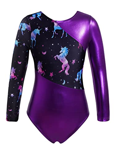 Alvivi Maillot Manga Larga de Patinaje Artistico para Niña Mono de Gimnasia Ritmica Maillot de Danza Ballet Traje de Ballet Niña 5-14 años Morado 9-10 años