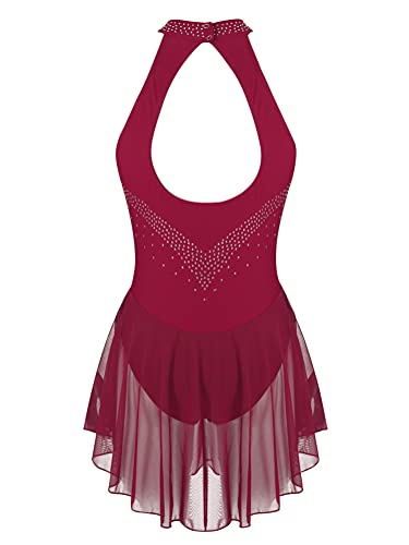 Alvivi Vestido de Patinaje Artistico para Mujer Maillot con Falda Corta de Gimnasia Ritmica Vestido Manga Larga/Sin Manga de Baile Latino S Vino S