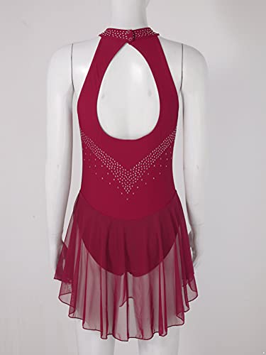 Alvivi Vestido de Patinaje Artistico para Mujer Maillot con Falda Corta de Gimnasia Ritmica Vestido Manga Larga/Sin Manga de Baile Latino S Vino S