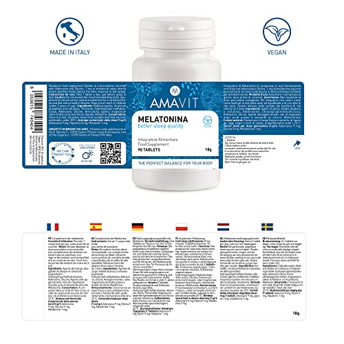 AMAVIT Melatonina para Dormir 1mg 90 Tabletas [Suministro durante 3 meses] MADE IN ITALY Suplemento contra el Insomnio con Melatonina Adenosina Glicina | Pastillas para Dormir Sin Gluten y Lactosa