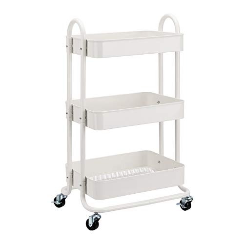 Amazon Basics - Carrito de cocina o multiuso de tres niveles con ruedas en blanco