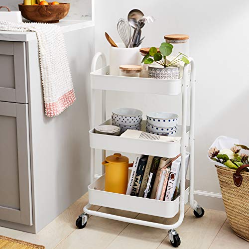 Amazon Basics - Carrito de cocina o multiuso de tres niveles con ruedas en blanco