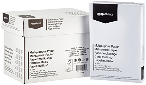 Amazon Basics Papel multiusos para impresora A4 80gsm, 5x500 hojas, blanco