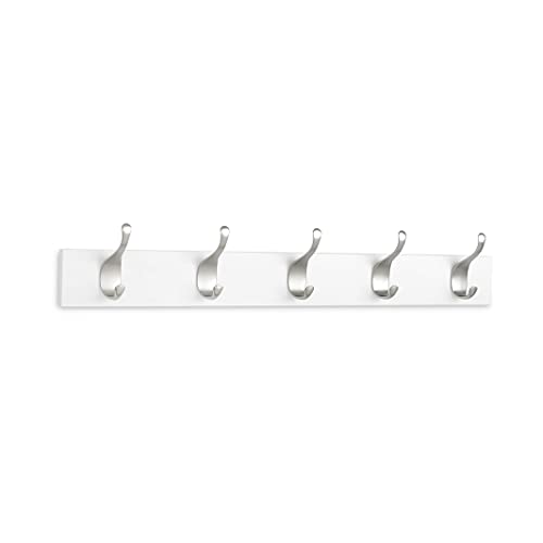 Amazon Basics Wall Mounted Coat Rack-5 Modern Hook, White, Blanco, 1 unidad