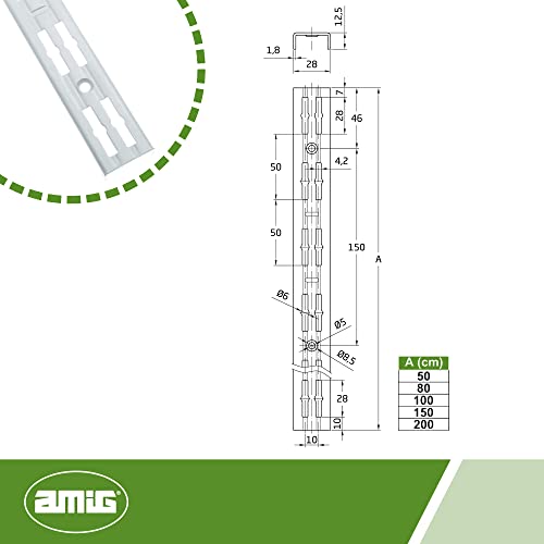 Amig - Juego de Cremalleras de Pared Dobles Mod.7000 de Acero Acabado en Blanco | Perfectos para Realizar Portaestantes o Estanterías Personalizadas | 2 Unidades x 0,5 Metros