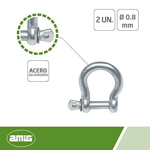 Amig - Pack de 2 Grilletes Tipo Lira Mod.30135 de Acero Galvanizado en Forma de Omega y Perno Roscado | Anclaje Multiusos para Conectar con Cables Metálicos, Cadenas o Cuerdas | Medida: Ø 8 mm