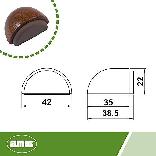 amig Tope o Retenedor de Suelo Adhesivo Semicircular Decorativo de Madera con Acabado Sapelli y Goma en Color Marrón Oscuro, Protege de Golpes las Paredes y Muebles - Diámetro Ø45 x 25 mm