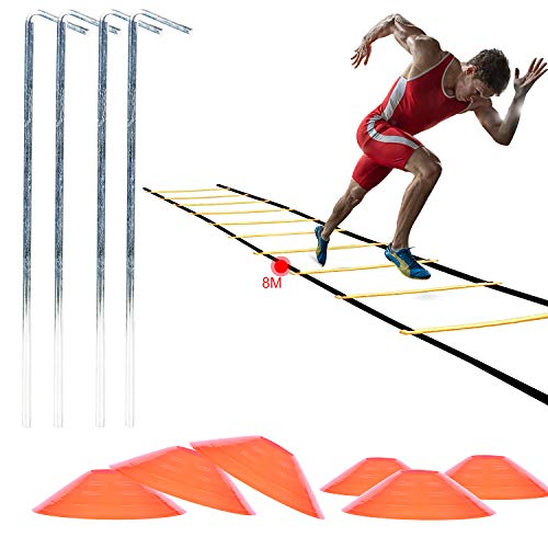 AMIGOB 4PCS Kit Entrenamiento Velocidad y Agilidad de Fútbol, Escalera de Agilidad de 6M, 10 Conos, 4 Clavos Metálicos y 1 Bolsa de Transporte para Fútbol, Fitness, Deportes