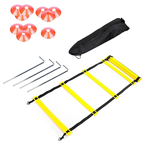 AMIGOB 4PCS Kit Entrenamiento Velocidad y Agilidad de Fútbol, Escalera de Agilidad de 6M, 10 Conos, 4 Clavos Metálicos y 1 Bolsa de Transporte para Fútbol, Fitness, Deportes