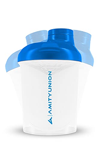 AMITYUNION Protein Shaker White Blue Deluxe 400 ml - Sin BPA con tamiz y escala para batidos cremosos de proteína de suero de leche - Gimnasio Fitness Botella para aislamientos y refuerzo