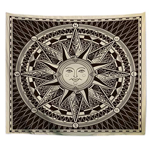 A.Monamour Tapices Clásico Vintage Redondo Náutica Sol Brújula Tribal Étnico Adornos Imprimir Tela Poliéster Tapiz Colgante De Pared para Dormitorio Sala De Estar Decoración del Dormitorio 153x229cm