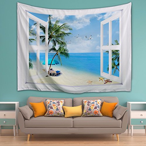 A.Monamour Tapices Gaviotas Pájaros Palmera Azul Océano Arena Playa Estrella De Mar Paisaje Costero Vista Desde La Ventana Abierta Náutico Tapices De Pared para Decoraciones De La Casa 153x229cm