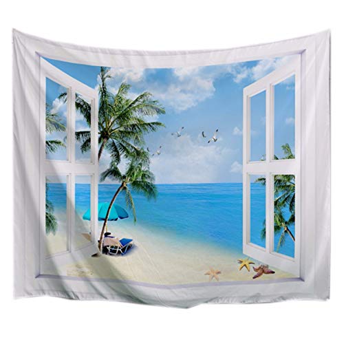 A.Monamour Tapices Gaviotas Pájaros Palmera Azul Océano Arena Playa Estrella De Mar Paisaje Costero Vista Desde La Ventana Abierta Náutico Tapices De Pared para Decoraciones De La Casa 153x229cm