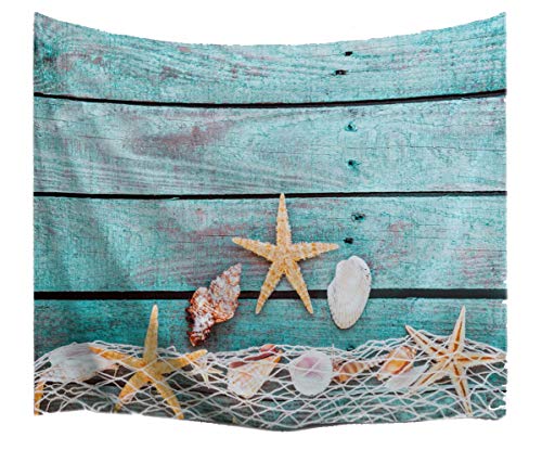 A.Monamour Tapices Retro Azul Madera Revestimiento Naves De Pesca Conchas Marinas Estrellas Tema Náutico Tela Poliéster Colgante Tapicería Cortinas para Dormitorio Decoraciones 130x153cm