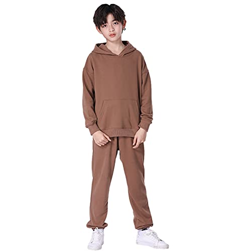 amropi Chándal Niños 2 Piezas Cálido Sudadera con Capucha y Pantalones Jogging Conjunto Ropa Café, 9-10 años