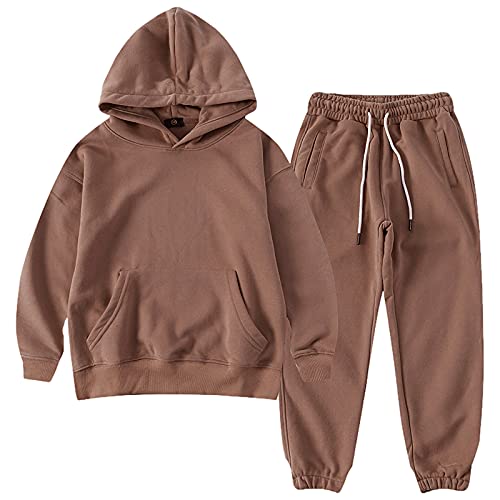 amropi Chándal Niños 2 Piezas Cálido Sudadera con Capucha y Pantalones Jogging Conjunto Ropa Café, 9-10 años