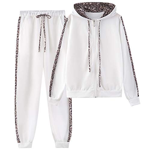 amropi Mujer Leopardo Conjunto de Ropa Chandal con Capucha Tops y Pantalones Deportivos Señoras 2 Piezas Set L,Blanco