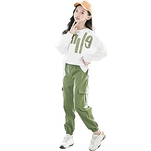 amropi Niña Jogging Chándales Rayas Sudadera y Pantalones 2 Piezas Conjunto de Ropa Blanco Verde,9-10 años