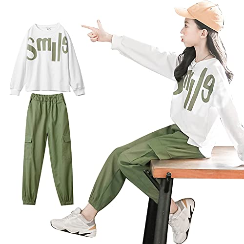 amropi Niña Jogging Chándales Rayas Sudadera y Pantalones 2 Piezas Conjunto de Ropa Blanco Verde,9-10 años