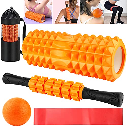 Amzeeniu Rodillo de Espuma 5 en 1,Foam Roller Kit Rodillo Masaje Muscular con Rodillos de Espuma, Roller Stick, Bola de Masaje, Bandas Elasticas Punto de activación,para Terapia de Masaje Yoga Pilates