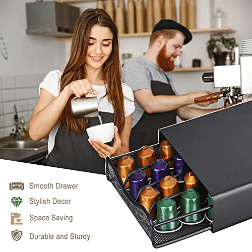 Amzeeniu Soporte para Cápsulas Nespresso40 x Cápsulas,Dispensador de Cápsulas de Café,Soporte para Máquina de Café con Organizador de Cápsulas,Cajón para Almacenar Cápsulas de Café Portacápsulas Acero