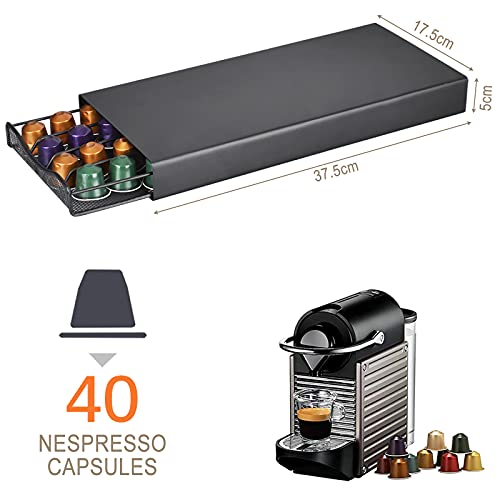 Amzeeniu Soporte para Cápsulas Nespresso40 x Cápsulas,Dispensador de Cápsulas de Café,Soporte para Máquina de Café con Organizador de Cápsulas,Cajón para Almacenar Cápsulas de Café Portacápsulas Acero