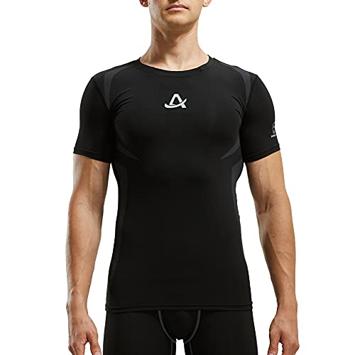 AMZSPORT Camiseta de Compresión para Hombre Camiseta de Manga Corta para Deportistas Correr Gimnasio, Negro S