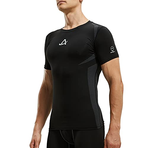 AMZSPORT Camiseta de Compresión para Hombre Camiseta de Manga Corta para Deportistas Correr Gimnasio, Negro S