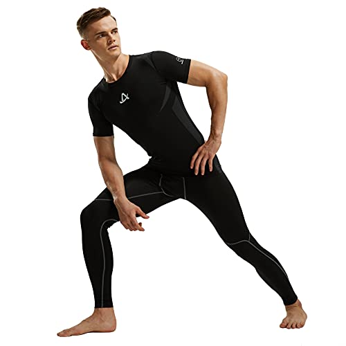 AMZSPORT Camiseta de Compresión para Hombre Camiseta de Manga Corta para Deportistas Correr Gimnasio, Negro S