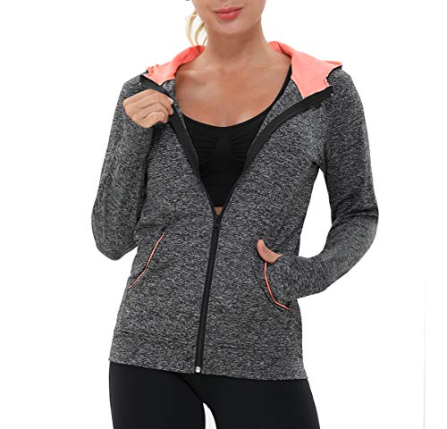 AMZSPORT Chaqueta Deportiva Mujer, Sudadera Capucha Running Cremallera con Agujeros para los Pulgares Negro L