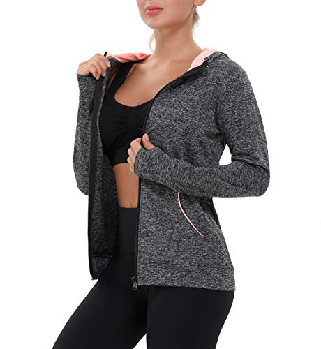 AMZSPORT Chaqueta Deportiva Mujer, Sudadera Capucha Running Cremallera con Agujeros para los Pulgares Negro M