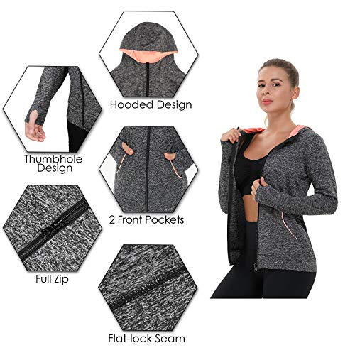 AMZSPORT Chaqueta Deportiva Mujer, Sudadera Capucha Running Cremallera con Agujeros para los Pulgares Negro M