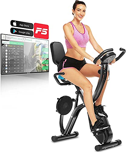 ANCHEER Bicicleta estática con conexión a la aplicación, peso de apoyo de 125 kg, plegable, con resistencia magnética ajustable de 10 niveles, plegable, medición de pulso, ahorra espacio