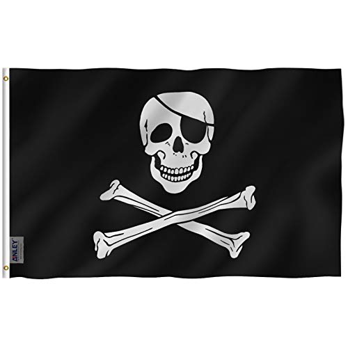 Anley Fly Breeze Bandera Jolly Roger de 3x5 pies con Parche - Color Vivo y Resistente a la decoloración UV - Encabezado de Lienzo y Doble Costura - Banderas Piratas de poliéster con Ojales