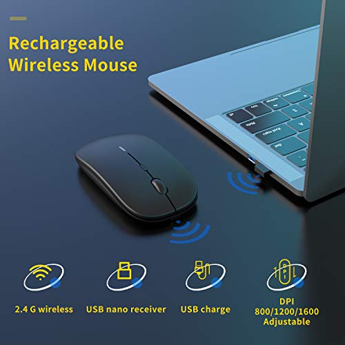 Anmck RatóN Inalambrico para Portatil,ErgonóMico Y Silencioso RatóN Recargable,USB 2.4 G con Nano Receptor,3 Niveles Ajustables dpi,Ultra Delgado Plano Y Pequeño RatóN InaláMbrico para Laptop-Negro