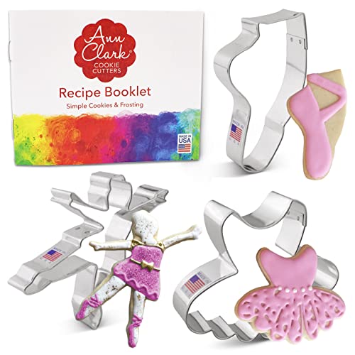 Ann Clark Cookie Cutters Juego de 3 cortadores de galletas ballet/danza con libro de recetas, bailarina, tutú y zapatilla de ballet