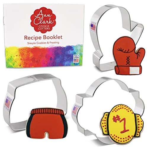 Ann Clark Cookie Cutters Juego de 3 piezas de boxeo con folleto de recetas, guante de boxeo, troncos de boxeo, cinturón de campeonato y cortadores de galletas