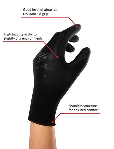 Ansell Edge 48-126 Guantes de trabajo para hombres y mujeres, guantes multiusos para bricolaje, mejoras del hogar y aplicaciones mecánicas, color negro, talla 6 (12 pares)