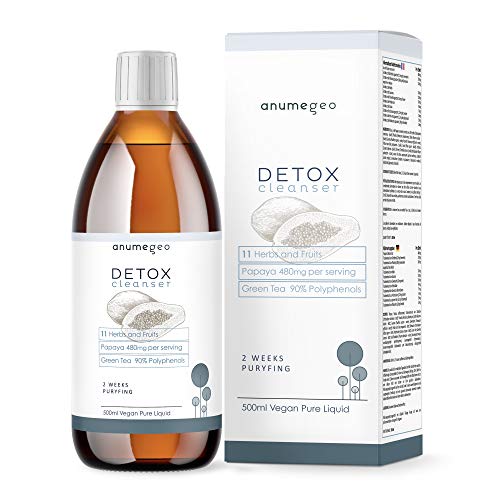 Anumegeo DETOX Cleanser Vegano 11 Hierbas y Frutas. Papaya, Alcachofa, Té Verde, Guaraná- Adelgazante, Depurativo Hígado, Diurético, Drenante-Solución líquida 500ml suministro 2 semanas