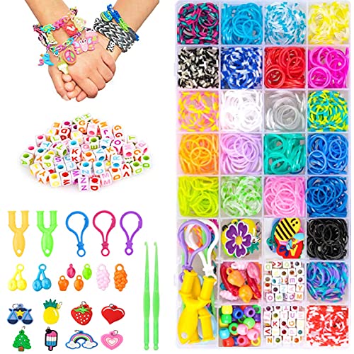 Aoibeely Pulseras Gomas, 2000+ Gomas para Hacer Pulseras Elasticas Colores, Muchos Pequeños Accesorios, Bricolaje Manualidad para Niños de Anillos y Collares (23 Colores) (A)