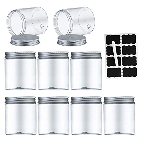 Aoligei 9 Pack 250ml Tarro Plastico con Tapa de Metal Atornillable Transparente Botes Cocina Recipientes Slime Contenedor Alimentos,Papel rotulado y rotulador