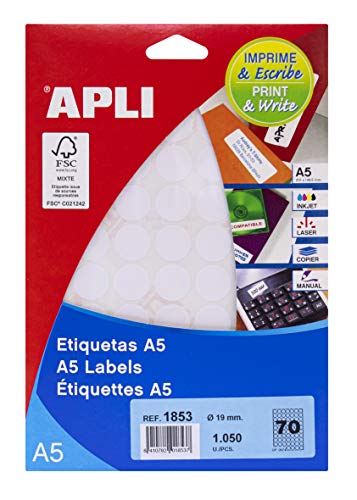 APLI 1853 - Etiquetas A5 blancas Ø 19,0 mm 15 hojas